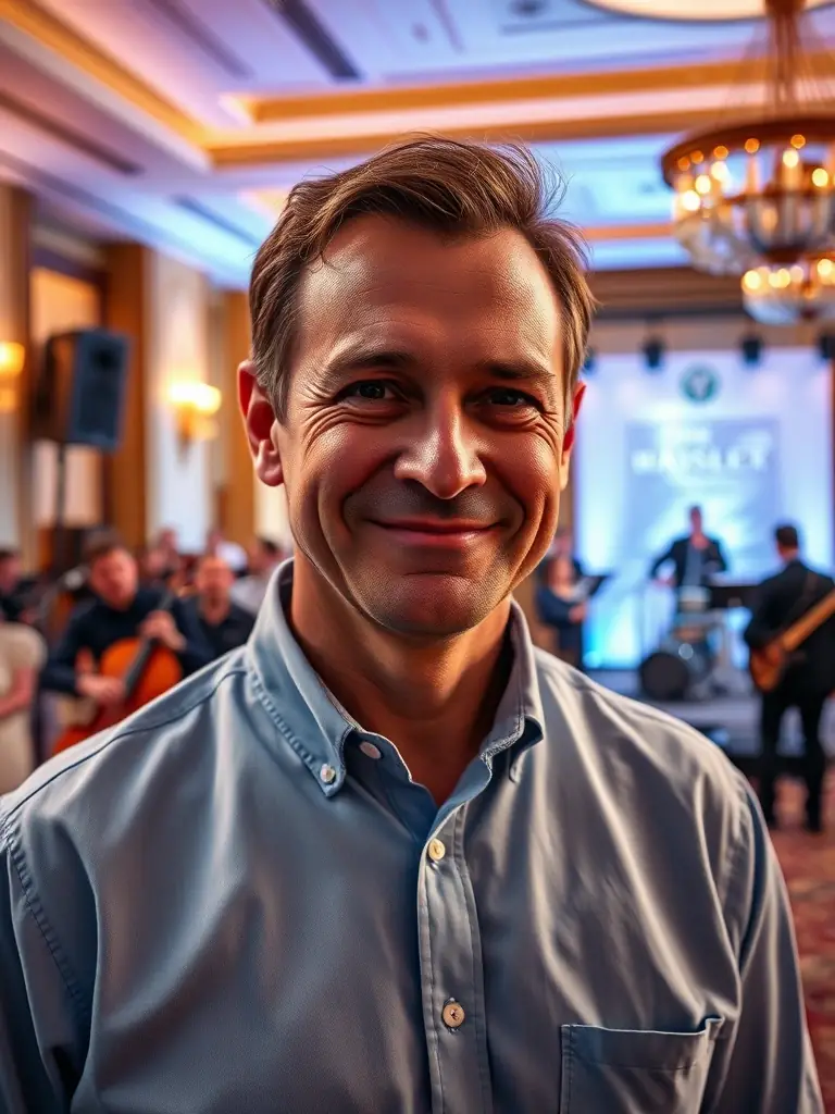 A picture of a venue manager smiling and relaxed, overseeing a successful event with live music in the background, emphasizing the ease and peace of mind.