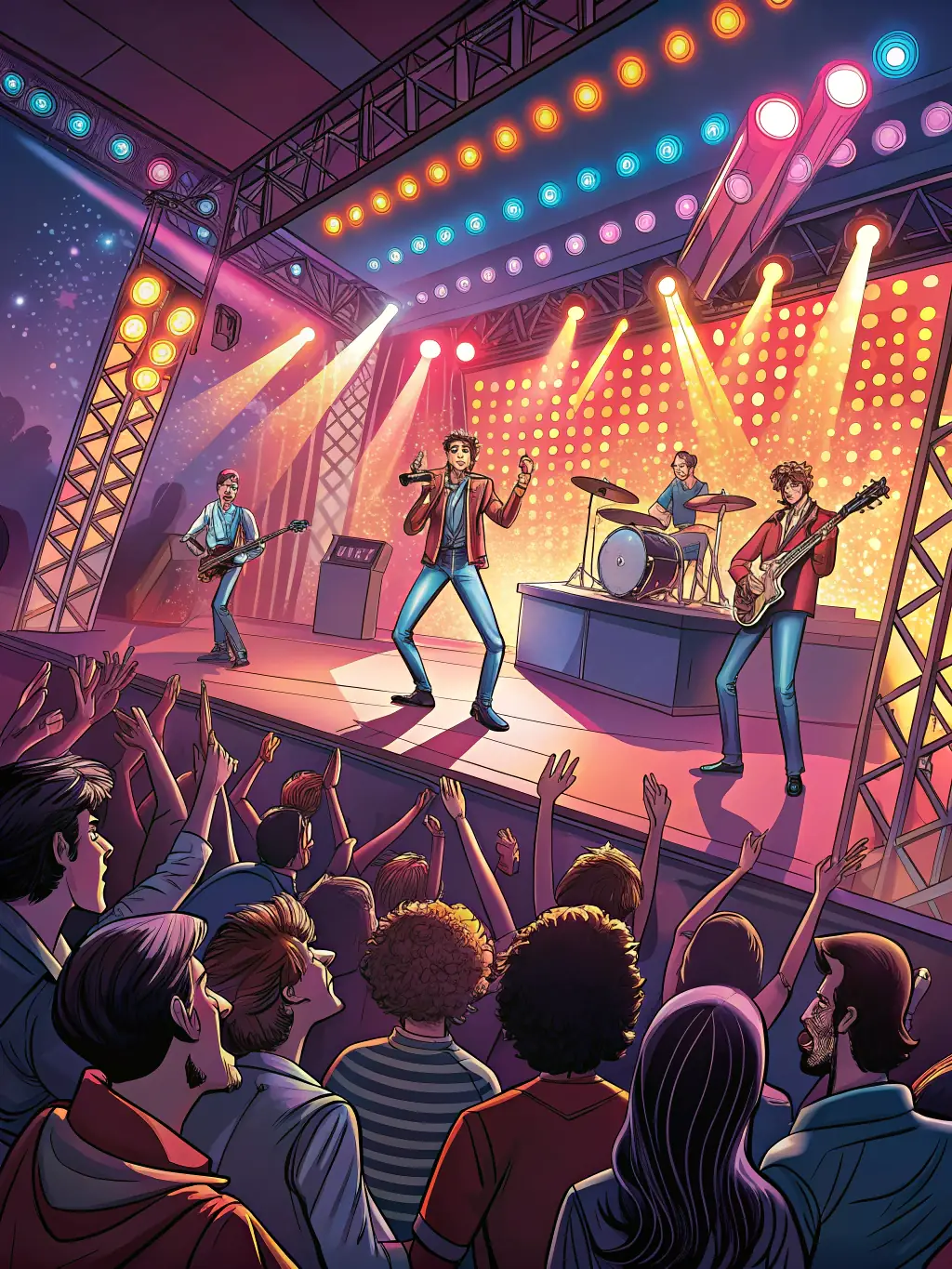 A vibrant photo of a live band performing on stage at a bustling music venue, capturing the energy and excitement of a live performance.