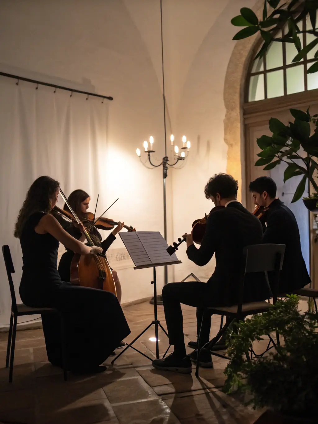 A photo of a string quartet performing at a wedding venue, showcasing the elegance and sophistication of classical music.